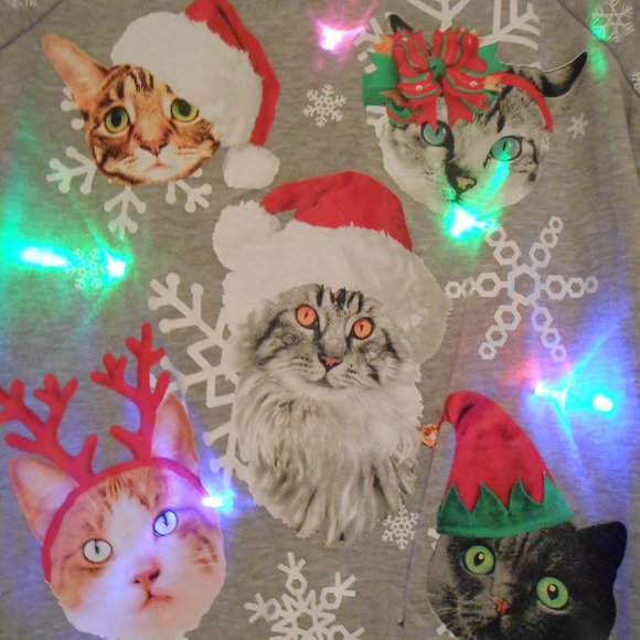 Freeze Flashing Lights Cat Christmas Sweatshirt (Bust 19") - Picture 5 of 10